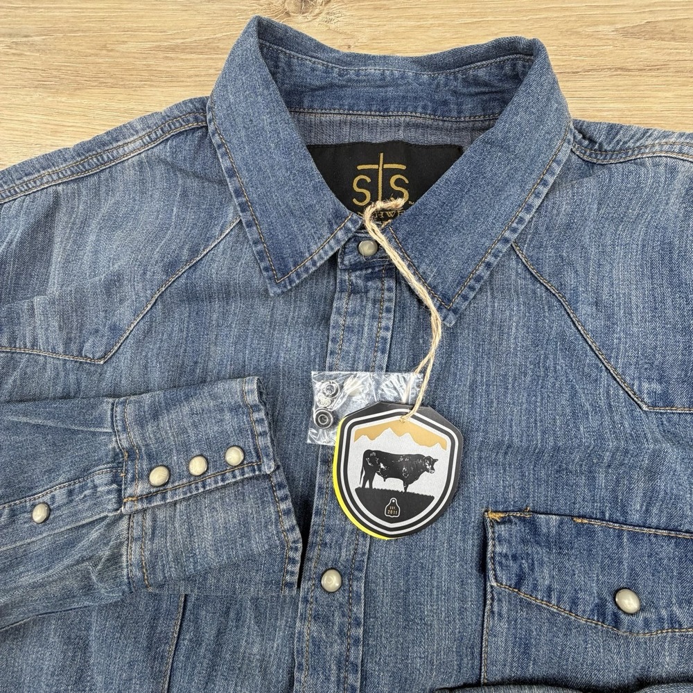 STS Ranchwear Denim Pearl Snap Shirt Men's‎ 2XL Blue Western Plaid NWT